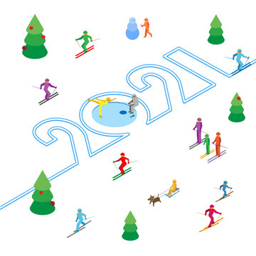 New Year 2021 concept - skier left a trace in the form of numbers