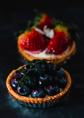 blueberry cheesecake on dark background.