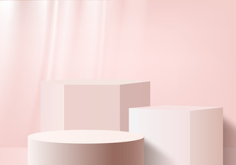 Cylinder abstract minimal scene with geometric platform. Summer background vector 3d rendering with podium. stand to show cosmetic products. Stage Showcase on pedestal modern 3d studio pink pastel
