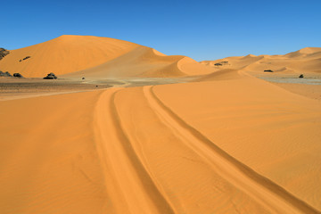 SAFARI IN THE SAHARA DESERT IN ALGERIA. NATIONAL PARK OF TADRART. SAND DUNES AND ROCK FORMATIONS. 