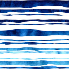 An abstract seamless pattern of the irregular ragged horizontal blue stripes hand drawn in watercolor isolated on a white background. Watercolor abstract seamless pattern.