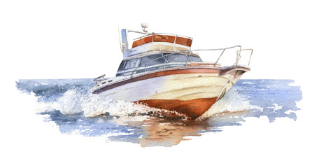 A speedboat (motorboat) at sea hand drawn in watercolor isolated on a white background. Watercolor illustration. Marine illustration