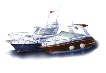 Two motorboats (speedboats) in the marina hand drawn in watercolor isolated on a white background. Watercolor illustration. Marine illustration