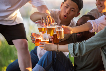 Party. Group of friends clinking beer glasses during picnic at the beach in sunshine. Lifestyle, friendship, having fun, weekend and resting concept. Looks cheerful, happy, celebrating, festive.