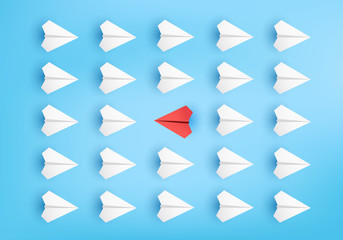 Business concept minimal as group of paper plane in one direction and with one individual pointing in different ways for creative innovative solution on 3D render vector. leadership for new ideas.