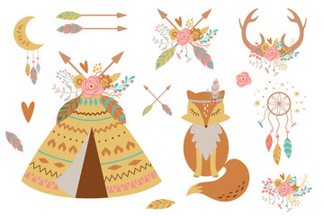 Kids boho clipart for nursery decoration. Cute baby teepee, fox, feathers, arrows, dreamcatcher Baby shower elements
