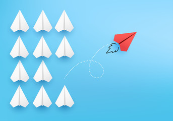 Business concept minimal as group of paper plane in one direction and with one individual pointing in different ways for creative innovative solution on 3D render vector. leadership for new ideas.