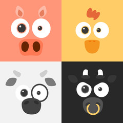Cartoon farm animals face background.Vector illustration of  square animal face concept.