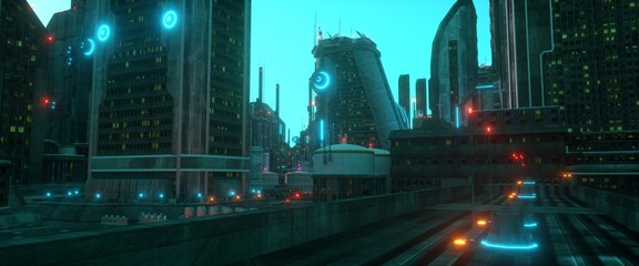 City of a future. Huge skyscrapers with bright neon lights. Urban landscape. Futuristic wallpaper. Cyberpunk cityscape. Industrial panorama. 3D illustration.
