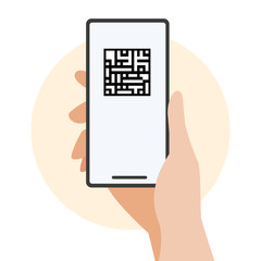 Hand holding smartphone with QR code scan concept.Vector illustration of hand holding smartphone with flat design series.