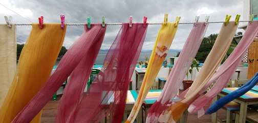 natural dyed colorful fabrics fluttering in the wind
