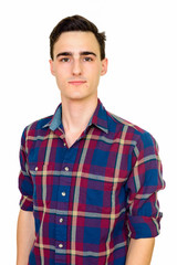 Studio shot of young handsome Caucasian man isolated against white background