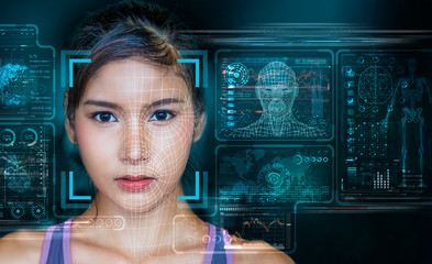 Facial Recognition System concept with Asian women using Face detection and recognition technology...