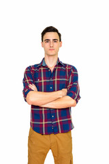Studio shot of young handsome Caucasian man isolated against white background