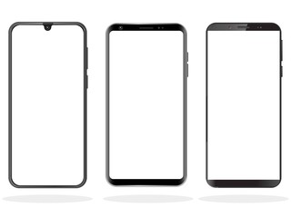 High quality realistic trendy no frame smartphone with blank white screen. Mockup phone for visual ui app demonstration. Vector mobile set device concept. Detailed Mockup Smartphone