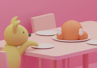 Hungry dog looks at meat, impudent dog steals food, dog wants the baked turkey, 3d render