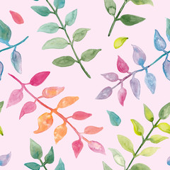 Neon colors plants with leaves watercolor painting - hand drawn seamless pattern on light pink