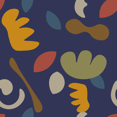 Abstract cartoon seamless pattern with different shapes. Messy background. Vector illustration. 