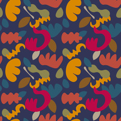Abstract cartoon seamless pattern with different shapes. Messy background. Vector illustration. 