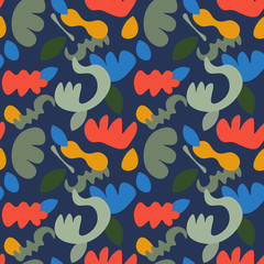 Abstract cartoon seamless pattern with different shapes. Messy background. Vector illustration. 