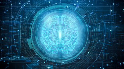 Electronic chip in form of human brain in electronic cyberspace with futuristic background,concept of artificial intelligence technology advancement