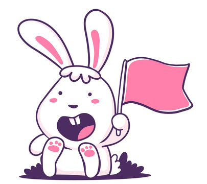 Vector illustration of lovely cartoon white rabbit holding flag. Happy little cute bunny with open mouth on white background.