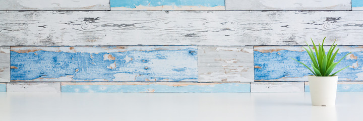A desk by a wall made of old boards. Copy space. A single plant in a pot. Succulent. Home shelf. Scandinavian style. Panorama.