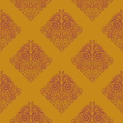 Cartoon thin line damask seamless pattern with curls, leaves, flowers. Infinity background ornament. Vector illustration. 