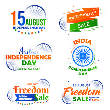 15 August independence day of india, fredom sale, banner sets, emblem, badges, print, use for T shirt, mug, poster etc.