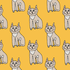 Cartoon doodle cat seamless pattern. Pet in childlike style, animal background. Vector illustration.       