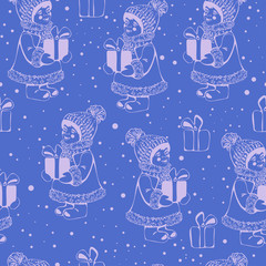 Seamless pattern of girl with a gift during snow. Christmas postcard vector design. Small girl in winter clothes, New Year concept.