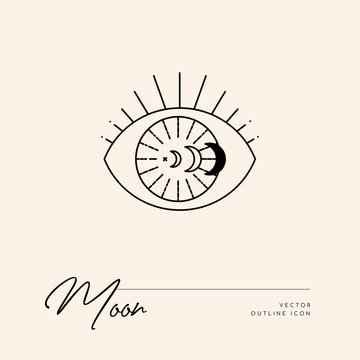 Vector abstract logo design template in trendy linear minimal style - sun, moon and stars - abstract symbol for cosmetics and packaging, jewellery, hand crafted or beauty products