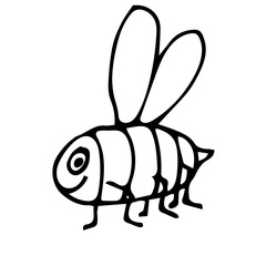 Cute cartoon doodle linear bee isolated on white background. Insect animal in childlike style. Vector illustration.    