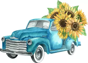 Fotobehang Zonnebloemen Aquarel retro vrachtwagen met zonnebloemen