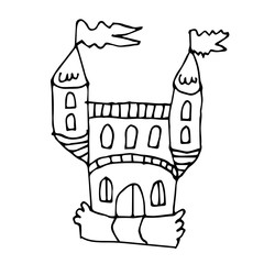 Cartoon doodle linear castle isolated on white background. Vector illustration. 