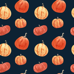 Watercolor seamless pattern with red and orange pumpkins on dark background. Great for fabrics, wrapping papers, wallpapers, covers. Autumn farming garden theme.