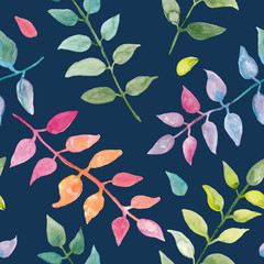 Neon colors plants with leaves watercolor painting - hand drawn seamless pattern on navy blue