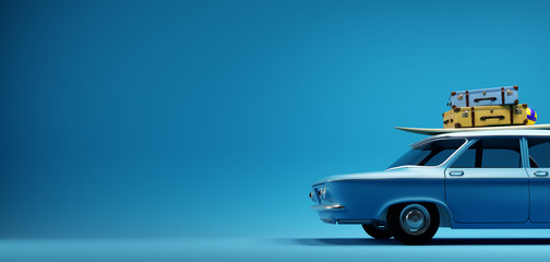 blue old timer car with surfboard and suitcases on top in front of the empty blue mockup background wall, 3D illustration