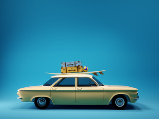 frontal view of the old timer car with surfboard and suitcases on top in front of the empty blue mockup background wall, 3D illustration