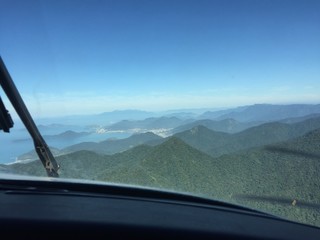 View from the control cabin of an airplane descending for landing