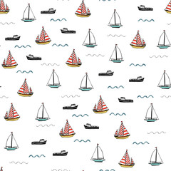 Boats in the sea vector hand drawn seamless pattern