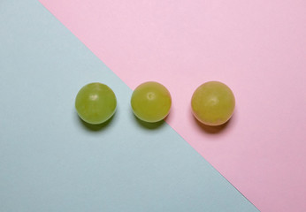 Three grapes are arranged in a horizontal row on a double pink-blue background.
