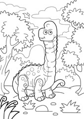 giant prehistoric dinosaur brachiosaurus, coloring book, funny illustration