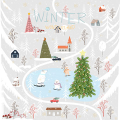 Vector Winter landscape,Cute winter wonderland at countryside with snow falling, polar bear playing ice skates in the park and family skiing on the mountain, Kawaii greeting card for Christmas