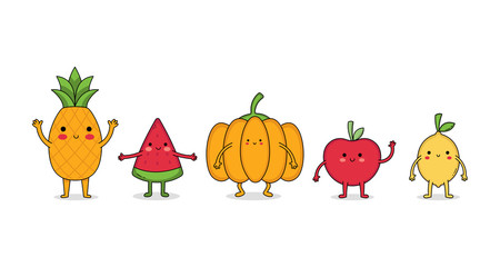 Cute fruit cartoon character set 1 pineapple, watermelon, pumpkin and lemon