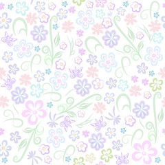 Beautiful floral pattern pastel colors. Many Small decorative flowers and curls on white background vector illustration for design cambric fabric, background of women's site, wallpaper, wrapping paper