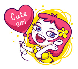 Vector illustration of portrait of pretty girl holding a red heart balloon on white background.