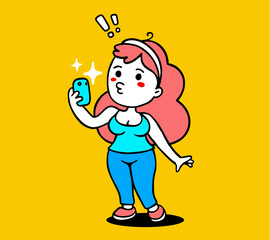 Vector color illustration of girl holding smart phone and posing taking selfie on yellow background.