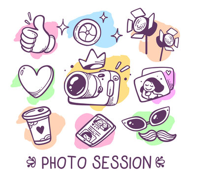 Vector illustration of photographic icon set with photo camera, mobile phone with social news feed, studio light, takeaway coffee cup, picture, heart on white background with text.
