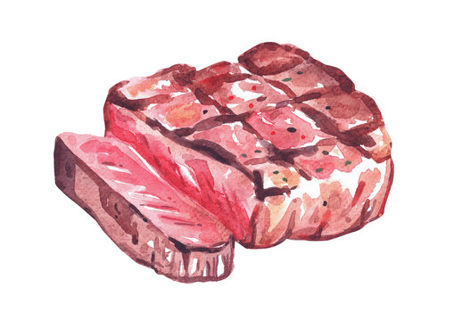 Grilled beef steak. Watercolor hand drawn illustration, isolated on white